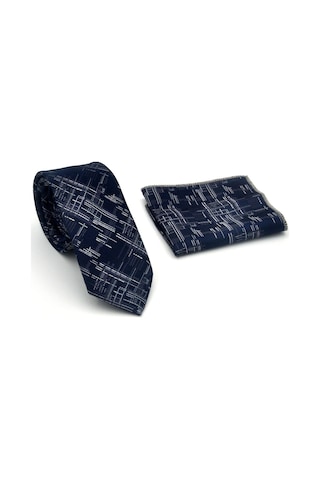 Gaffy Gri Kırcıl Desenli Lacivert Dokuma Kumaş Mendilli Slim Fit Kravat // Sdk-2611-2 Lacivert