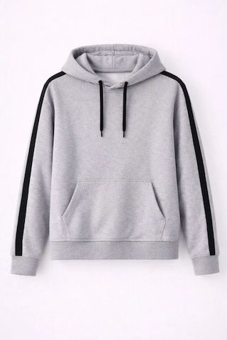 Mbb E-ticaret Erkek Şeritli Kapüşonlu Sweatshirt Oversize 3 İplik Pamuklu Hoodie - Gri