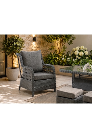 Vi Lza 7 Kişilik Rattan Bahçe Balkon Teras Oturma Grubu Gri Minderli 3+1+1 80x140 Cm Masa, 2 Adet Puf - Antrasit