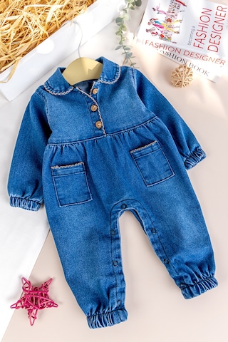 Babymod Bebe Yaka Denim Cep Detaylı Kız Bebek Kot Tulum mavi