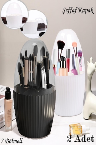 Bayev 2 Adet 7 Bölmeli Siyah + Beyaz Makyaj Fırçası Ve Kozmetik Düzenleyici Şeffaf Kapaklı Organizer