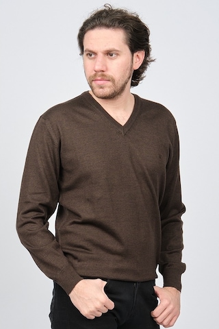 Woolen World Erkek V Yaka Desenli Yün Kazak 5597802 Kahverengi Kahverengi