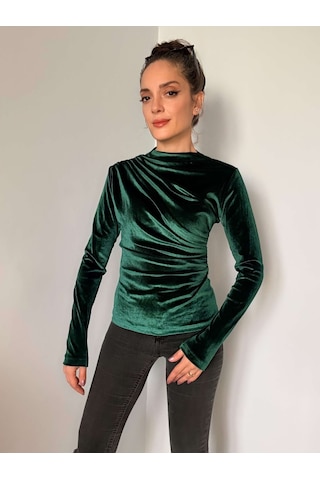 Ali Butik Yeşil Balıkçı Yaka Kadife Bluz Yeşil