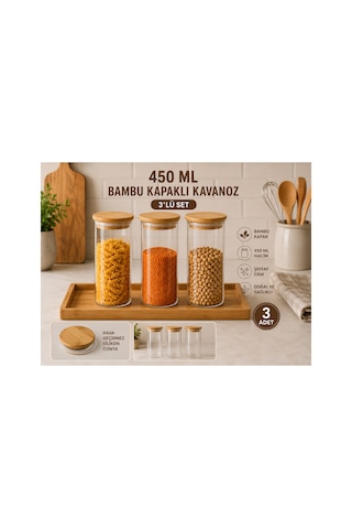 3lü Set Bambu Kapaklı Cam Saklama Kavanozu Hava Geçirmez Çok Amaçlı Mutfak Saklama Kabı 450ml Şeffat