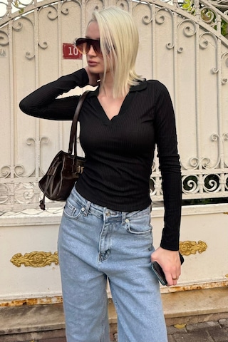 Madmext Siyah Polo Yaka Fitilli Kadın Body Mg2566 Siyah
