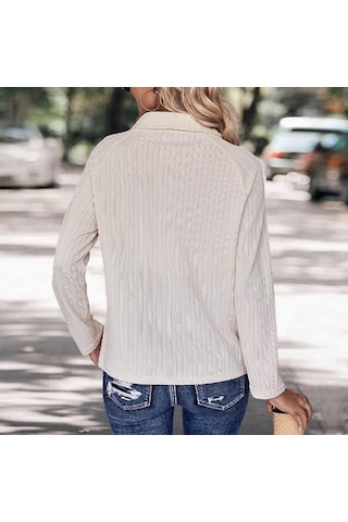 İlkbahar Ve Sonbahar Kadın Bluz Yaka Düz Renk Rahat Günlük Uzun Kollu Örgü Üst Bej