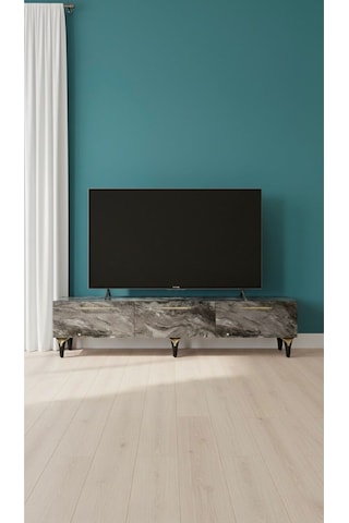 Modern Mobilya Tokyo Tv Ünitesi Tv Sehpası Ayaklı 3 Kapaklı Siyah Mermer Desenli 150 Cm Siyah