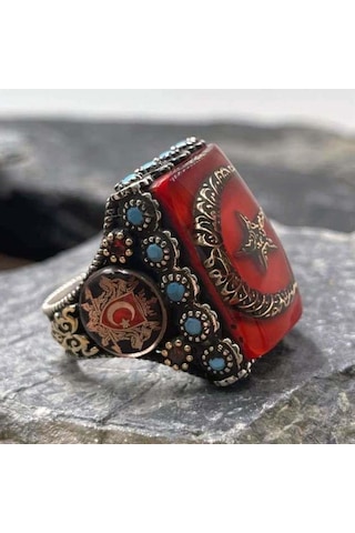 925 Ayar Gümüş Kırmızı Mineli Ayyıldız İşlemeli Kelime-i Tevhid Erkek Yüzük Gümüş