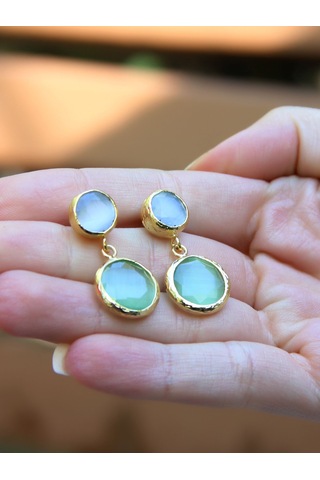 İkili Yuvarlak Modelli Kedigözü Cam Gold Kaplamalı Kadın Küpe Euku25by Yeşil