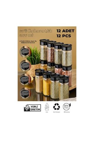 12'li Cam Baharatlık Seti - Siyah Siyah