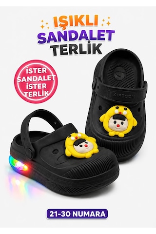 Papucumun Dünyası Çocuk Cross Eva Işıklı Hafif Günlük Havuz Kreş Kumsal Kullanışlı Terlik Siyah
