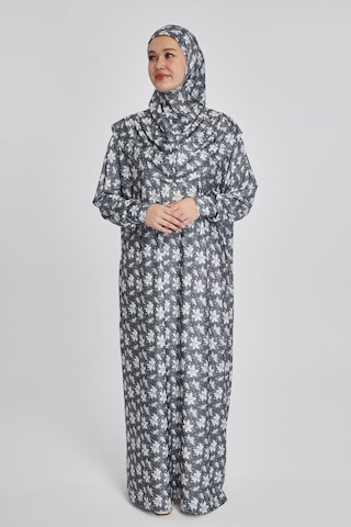 Pratik Tek Parça Manolya Desenli Namaz Elbisesi Füme