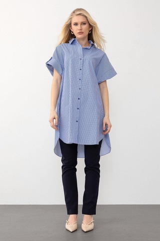 Olcay Yandan Yırtmaçlı Çizgili Poplin Tunik Mavi 9283