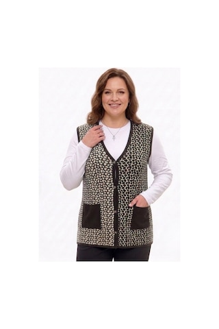 Onno Style Women Çelik Örgü Klasik Leopar Desen Triko Yelek Kahverengi