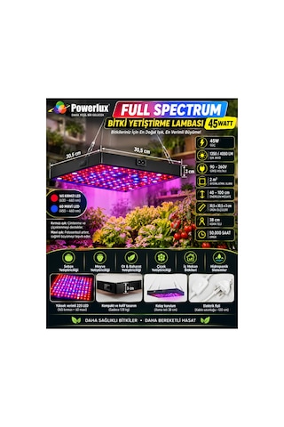45w Full Spectrum Led Bitki Yetiştirme Lambası - 225 Led Kırmızı Mavi Işık 30.5x30.5 Cm Bitki Büyütme Paneli Fişli / Asma Teli Dahil Tak Çalıştır Set