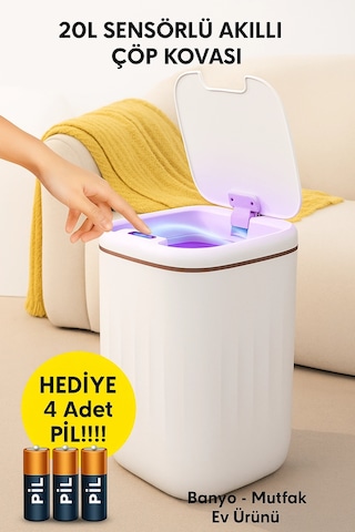 20l Sensörlü Akıllı Antibakteriyel Çöp Kovası Otomatik Kapaklı, Banyo Mutfak 4 Pil Yanında Çok Renkli