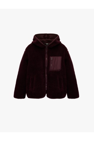 Koton Kapüşonlu Uzun Kollu Fermuarlı Cep Detaylı Oversize Peluş Ceket Bordo 6wak20044nk Bordo