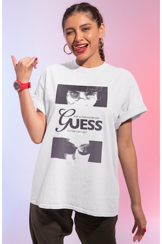 Sevbano Billie Eilish Guess Baskılı Unisex Oversize Şarkıcı Tişört Beyaz