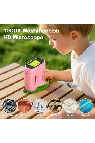 387 Pembe 2'si 1 Arada Dijital Çocuk Mikroskobu & Dürbün - 1000x Büyütme, 1000 Metre Menzil, 2 Mp Full Hd Ekranlı Eğitici Bilim Kiti