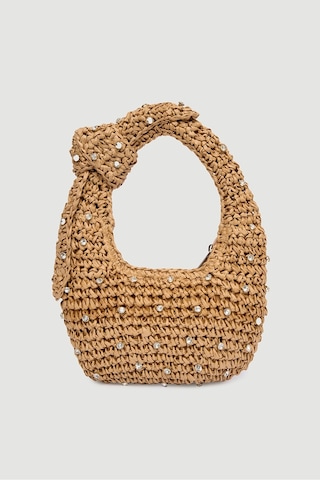 Matthew Cox Taşlı Portföy Clutch Fermuarlı Astarlı Örgü Hasır Yazlık Tatil El Çantası Camel