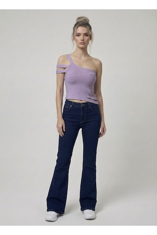 Neden Tekstil Asimetrik Tek Omuz Triko Crop Bluz - Lila