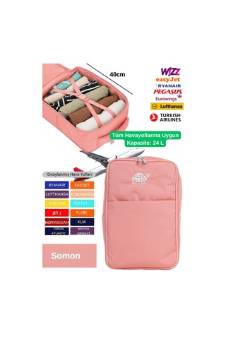 Jet Turtle Seyahat Sırt Çantası 40cm 40x25x15 Cm Pegasus, Wizz Air, Ryanair, El Valizi Koltuk Altı Valizi Somon