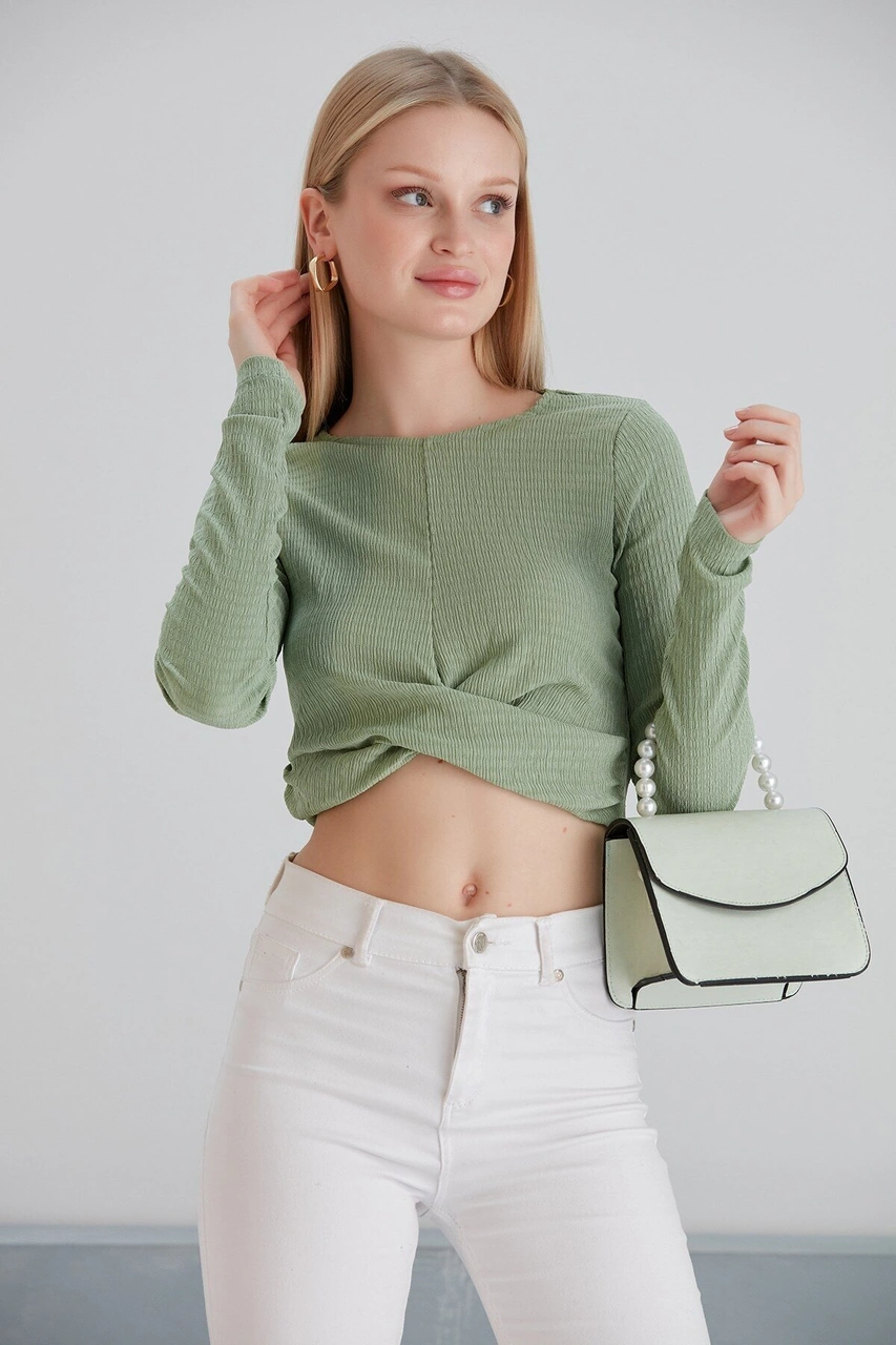 Mamayaga Kadın Önü Düğüm Model Uzun Kol Spor Şık Curve Mint Yeşil Coptop Bluz Mint Yeşil