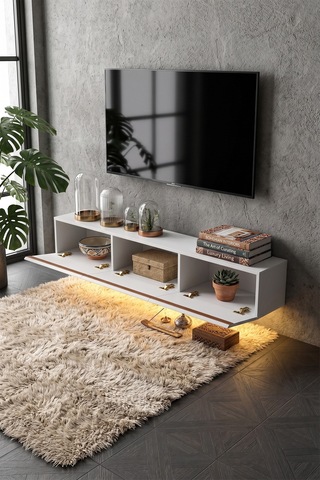 Pureline Tech Led Işıklı Tv Ünitesi 180 Cm - Modern Tv Sehpası - Beyaz Çam