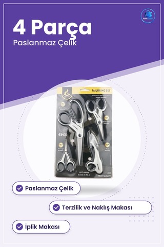 Makas Seti 4 Parça Paslanmaz Çelik Terzilik Dikiş Nakış Kumaş İpl