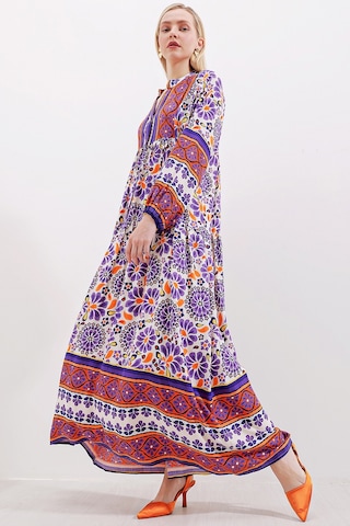Bigdart 2423 Otantik Desenli Elbise - Mor 001