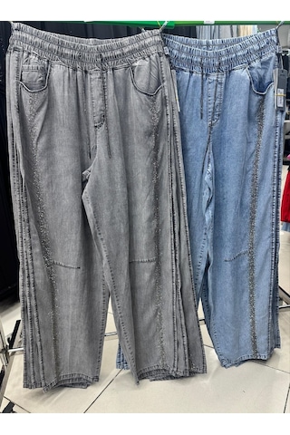 Zanessi Büyük Beden Beli Lastikli Bağcıklı Yandan Taşlı Şerit Detaylı Dökümlü Tensel Kumaş Bol Paça Denim Kadın Pantolon Mavi