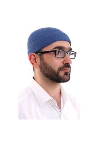 Kışlık Kadife Takke Katlamalı Düz Desen - Mavi
