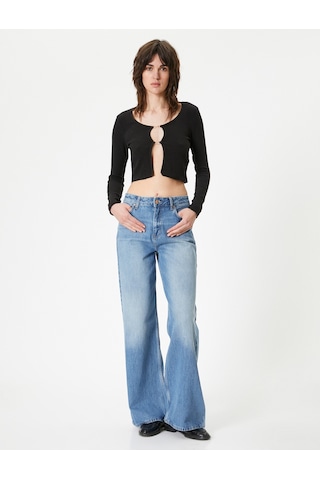 Koton Crop Hırka Bisiklet Yaka Metal Aksesuarlı Siyah 4sak80266ek Siyah