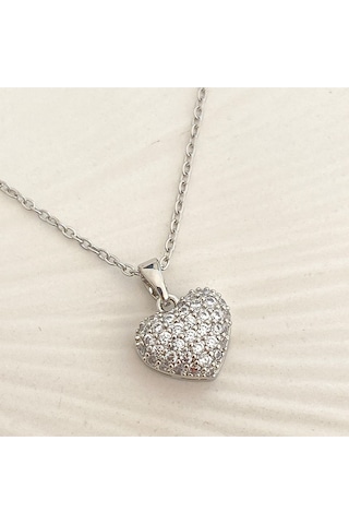 Kalp Kolye Full Zirkon Taşlı Kalp Kadın Kolye 45cm Silver