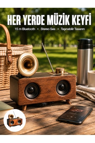 Bluetooth Hoparlör Ahşap Klasik Retro Gramofon Bluetooth Müzik Kutusu - 5000