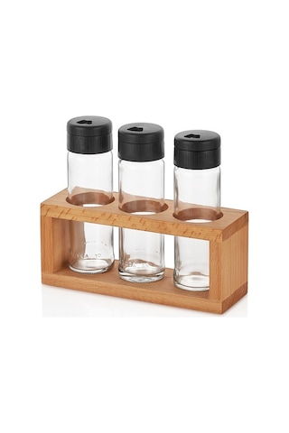 Lima 3lü Tuzluk Biberlik Seti Ahşap Stantlı 3lü Baharatlık Siyah Kapak Siyah