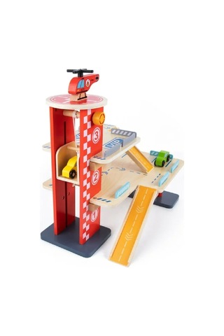 Ahşap Otopark Arabalar Asansörlü Helikopterli Garaj Oyun Seti