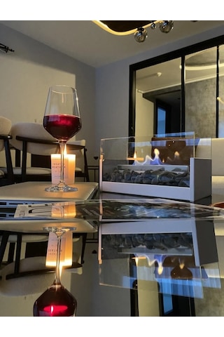 Masa Üstü Şömine Metal Beyaz - Taşlı Yakıt Hediyeli