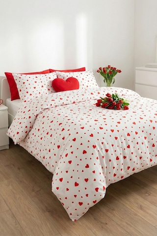 %100 Pamuk Kırmızı Kalpli Poplin Kumaş En: 240 Cm Nevresim, Çarşaf, Yastık Kılıfı, Elbise Ve Çanta