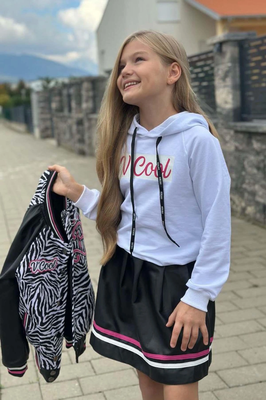 Riccotarz Kız Çocuk V Cool Yazı Baskılı Sweatshirt Zebra Ve Pembe Şerit Detaylı Deri Ceketli Etekli Takım Pembe