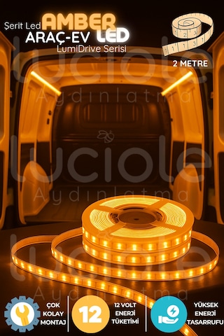 Lumidrive 2m Amber 12v Led Şerit Turuncu Araç İçi Dekor Işığı, Kablolu, Kesilebilir, Yapışkanlı