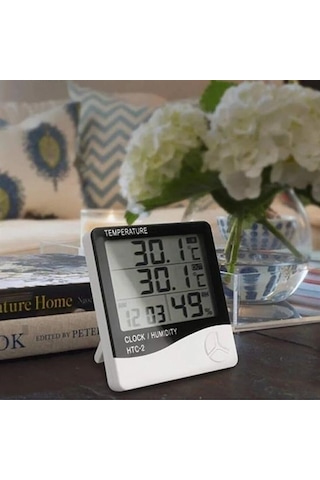 Ams Net İç Ve Dış Ortam Sıcaklığını Ölçebilen Lcd Ekran Saat Göstergeli Alarmlı Nem Ölçer Termometre