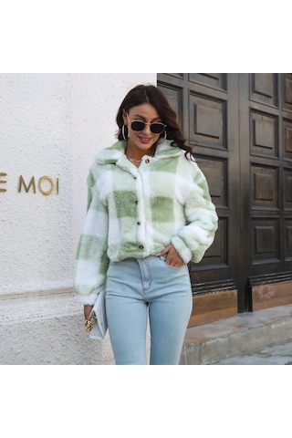 Sonbahar Ve Kış Kadın Ceketi Ceket Ekose Çift Taraflı Kadife Ceket Fener Kol Gevşek Uzun Kollu Kısa Ceket Açık Yeşil
