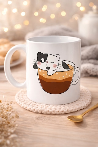 Sevimli Kedi Tasarımlı Porselen Kupa Model 195 Kahve İçinde Kedi Baskılı Porselen Kahve Kupası Kedi Sever Diğer