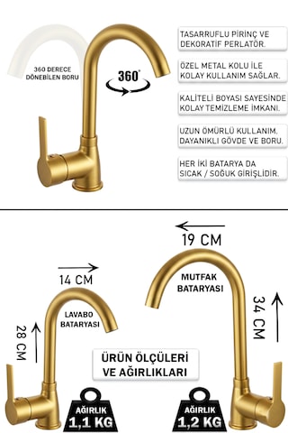 Lüks Mutfak Lavabo Banyo Bataryası Robot Duş Seti Aynalı Aksesuar Takımı Gold Renk Altın