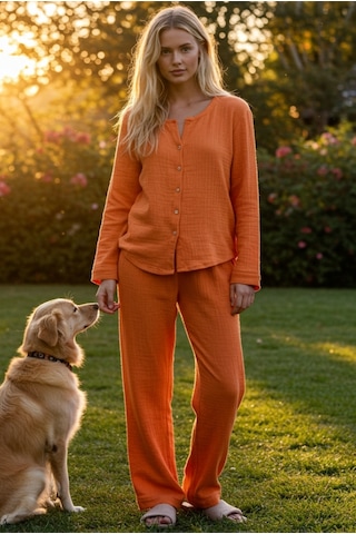 Combattente Exclusive Products Organik Müslin 2'li Takım - Kadın Pijama - Gömlek Takım- Naturel Doğal-oeko Tex Sertifikalı Kumaş turuncu