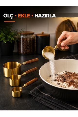 Lüks 4'lü Ahşap Kulplu Gold Ölçü Kaşığı Seti Kahve, Baharat, Tatlı Ve Hamur İşi İçin Mutfak Ölçü Seti Altın