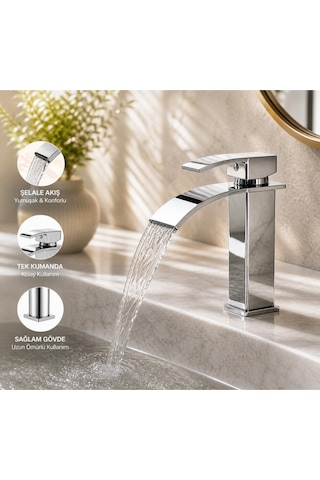 Krom Kare Lavabo Bataryası - Şelale Akışlı Modern Banyo Musluğu Sabit Lavabo Çift Su Girişli