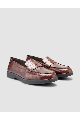 %100 Hakiki Deri Kahverengi Croco Desen Kadın Loafer Kahverengi