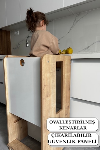 Fonksiyonlu Masa Olabilen Öğrenme Kulesi Montessori Öğrenme Kulesi Aktivite Masası Öğrenme Kulesi Beyaz-safir Meşe